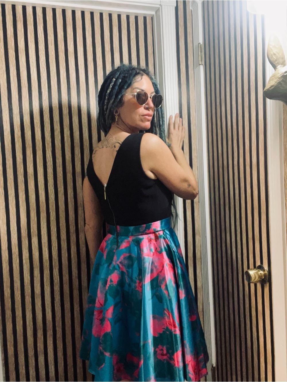 Floral A-Line Satin Skirt in Teal and Pink